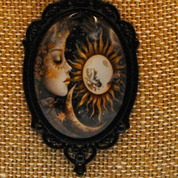 Celestial Crescent Moon & Sun on a 17" Handmade Black Hemp Necklace - Picture 4 of 5